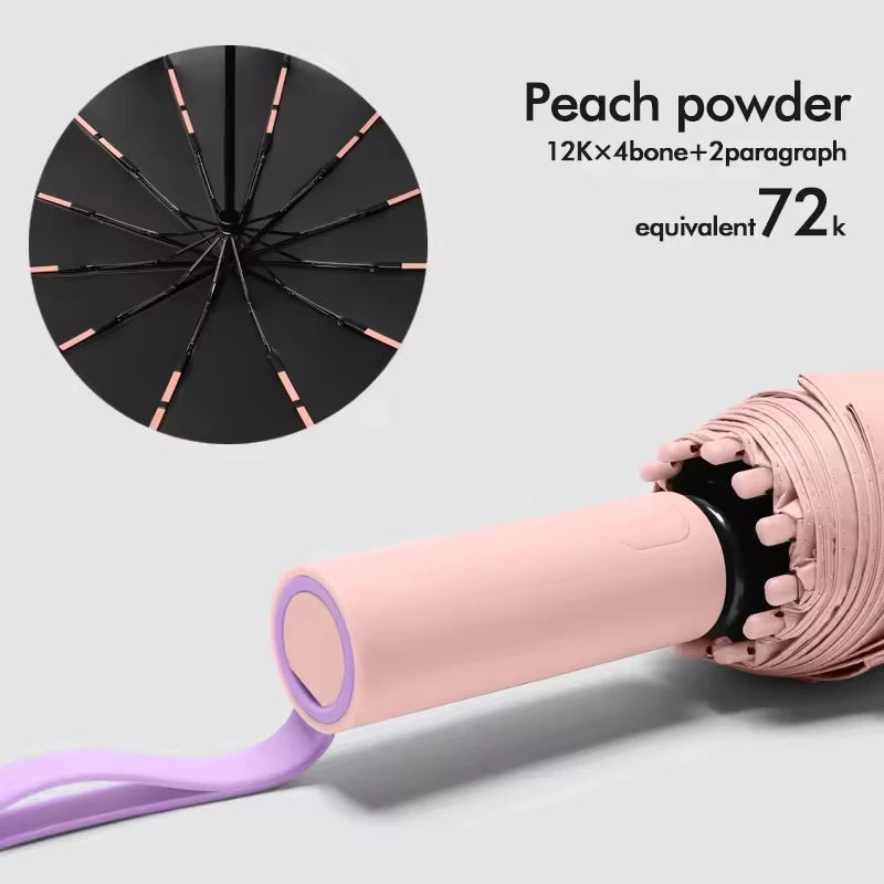 Automatic 12 Rib Folding Umbrella Three Fold Sun Rain Windproof UV Protection Compact Travel Umbrella