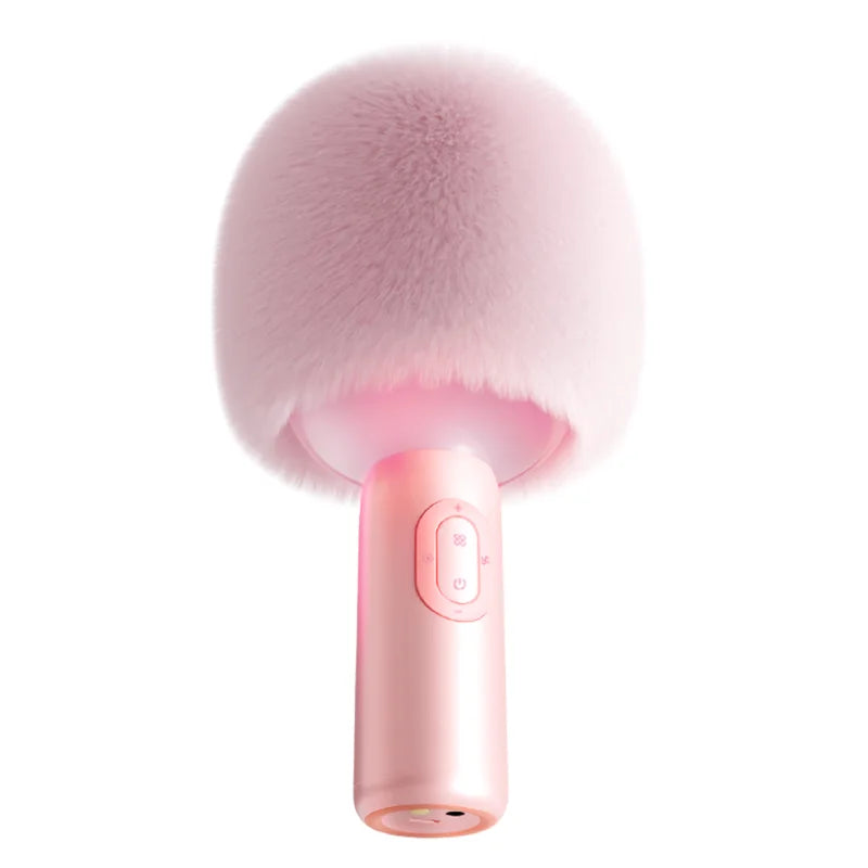 Bluetooth Karaoke Microphone with Fluffy Cover, 2-in-1 Handheld Mic & Speaker with Dynamic LED Lights for Party Singing