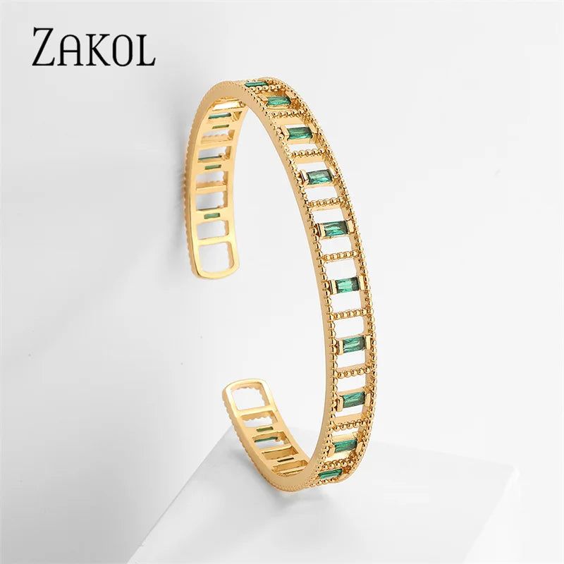 Green Rectangle Hollow Cubic Zirconia Cuff Bangles Bracelet