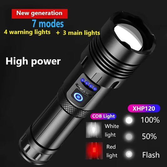 XHP120 LED Flashlight Rechargeable Zoom Tactical Torch with COB Side Light Power Bank Function