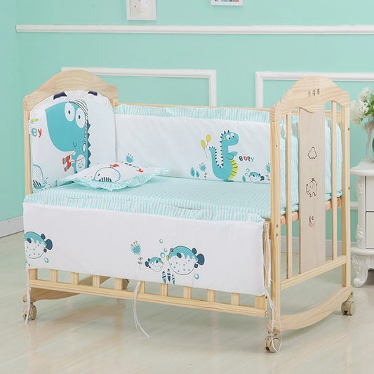 6-Pcs Cotton Nursery Crib Bedding Set – Unisex Set with 4 Bumpers, Mattress & Pillow