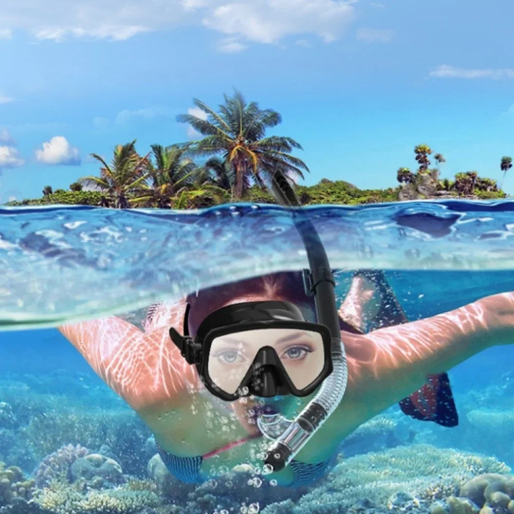 Dry Snorkel Set Diving Mask For Adults Tempered Glass Professional Panoramic Snorkeling Gear Swimming Training Snorkel Kit