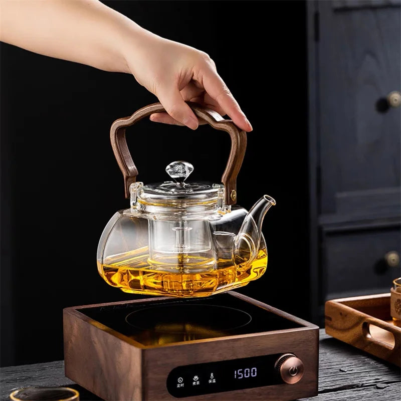 1000ML Octahedral Heat Resistant Glass Teapot Steaming and Boiling Dual-use Lifting Beam Tea Pot Glass Kettle Kung Fu Tea Set