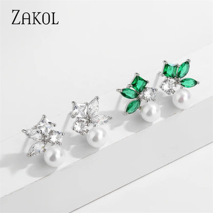 Green Leaf Shape Pearl Stud Earrings for Women Cute Round Marquise Zircon Earring