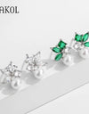 Green Leaf Shape Pearl Stud Earrings for Women Cute Round Marquise Zircon Earring