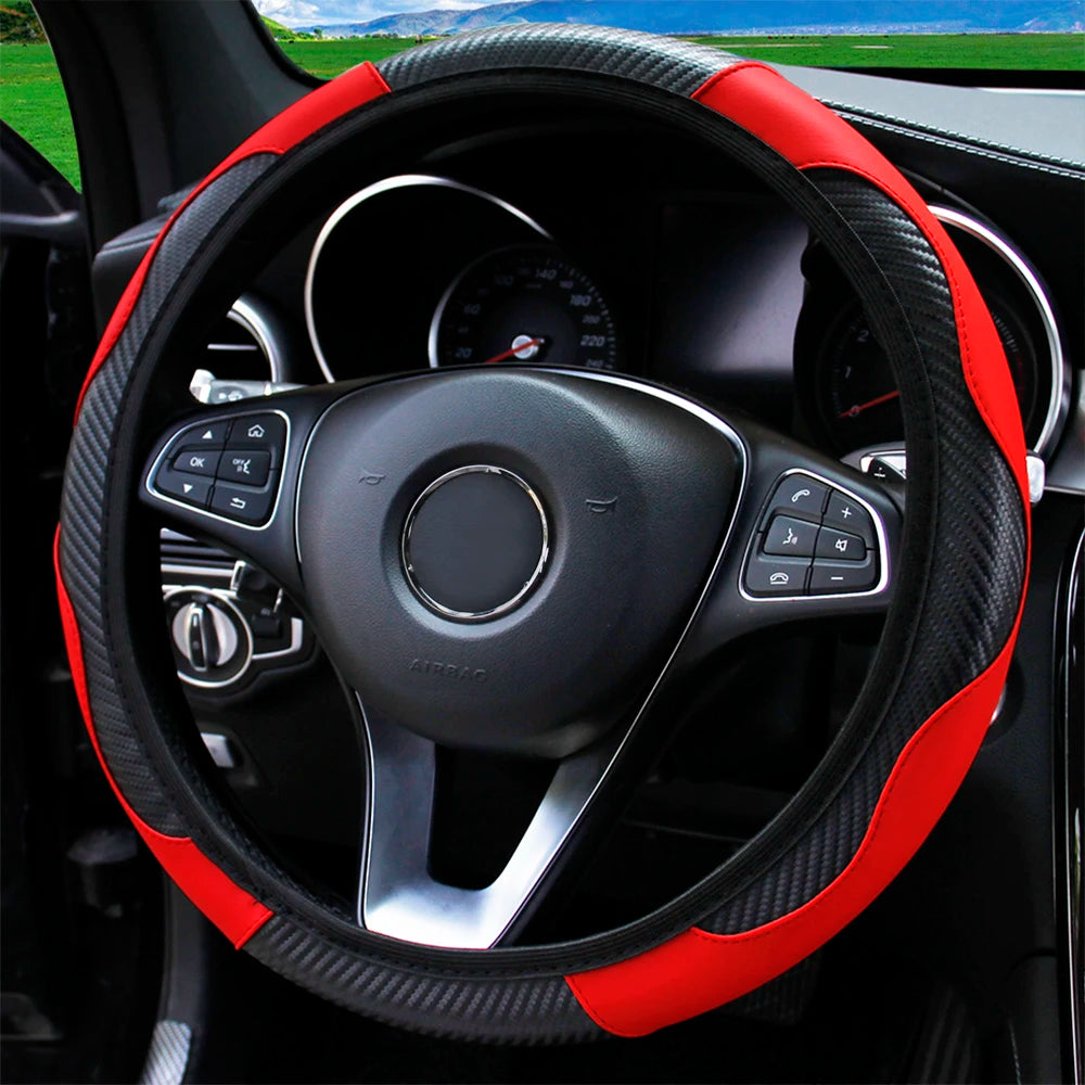 PU Carbon Fiber Leather Car Steering Wheel Cover 37CM 38CM
