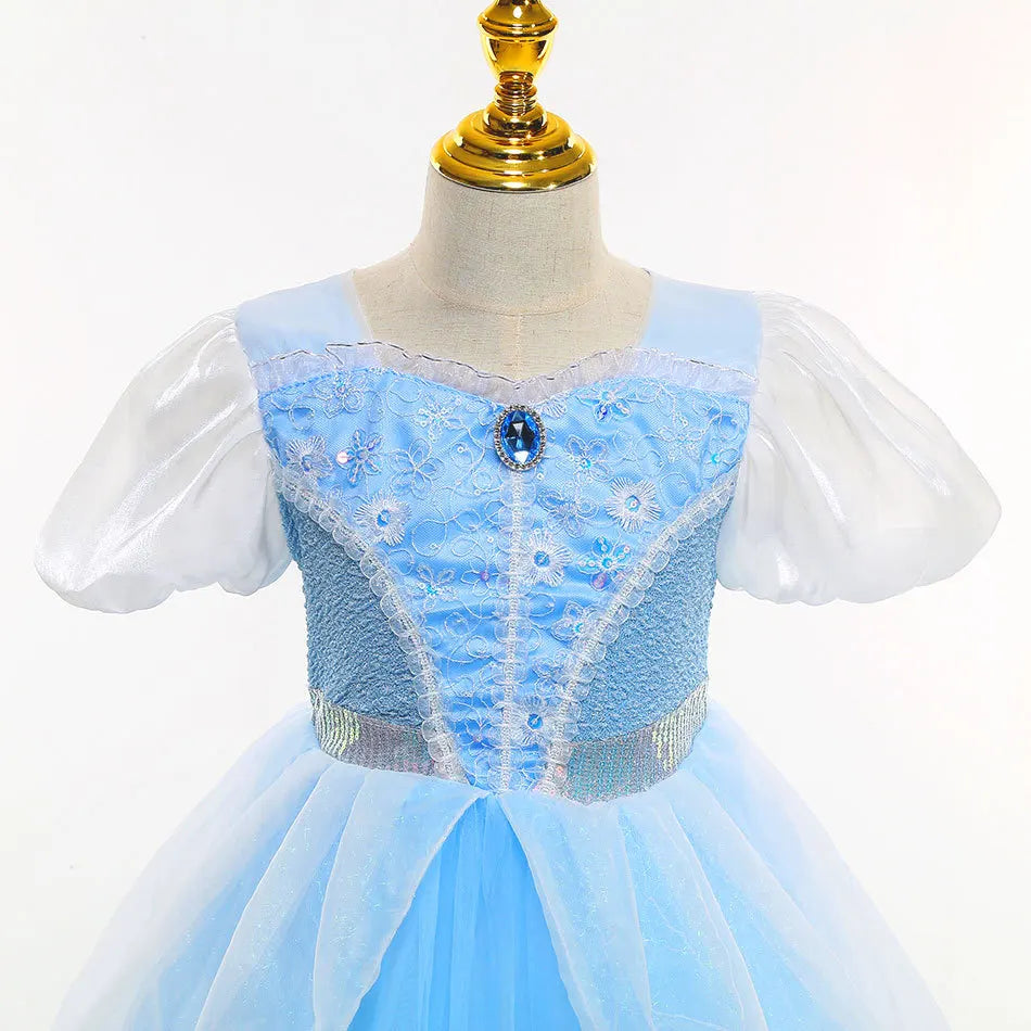 Halloween Children Bubble Sleeve Dress Blue Girls Tutu Costume Birthday Party Gown for Purim Gift