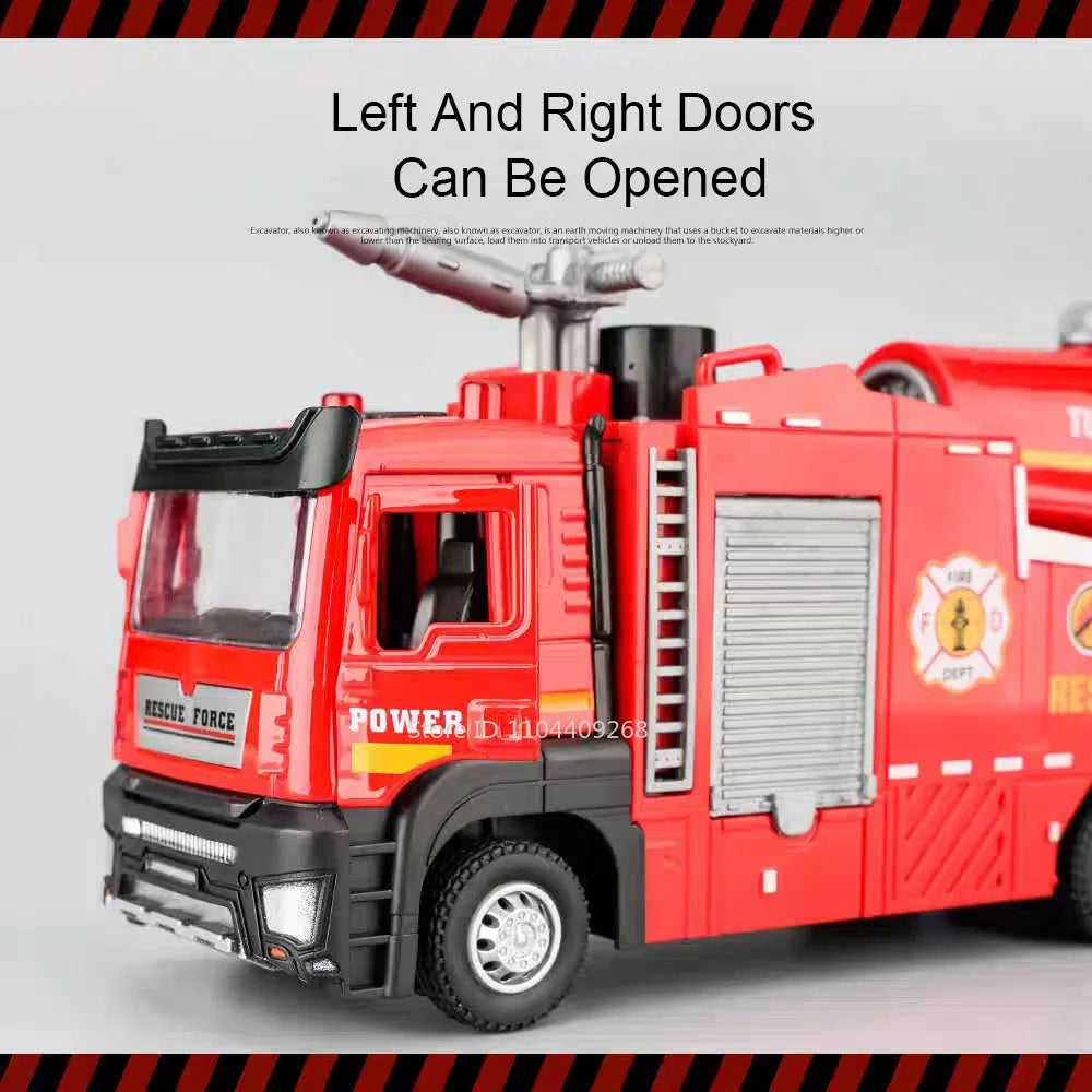 1:32 Water Spray Fog Fire Truck Model Sweeper Toy Car Sound Light Pull Back Doors Opened Vehicles Collection  Gifts