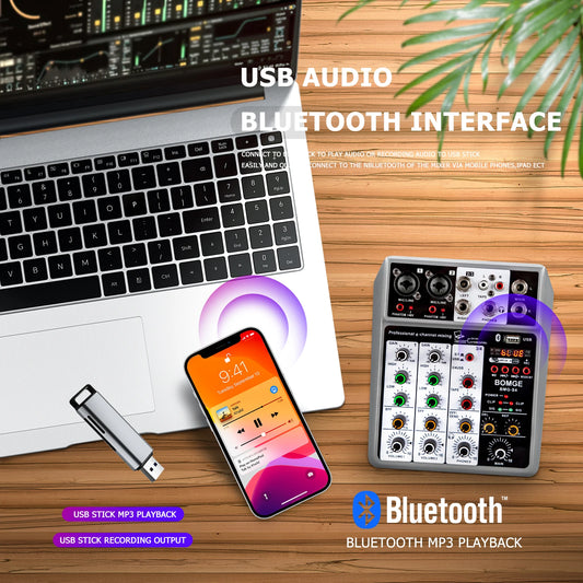 Professional 4 Channel Audio Mixer with USB Bluetooth Echo Delay and 48V Phantom Power