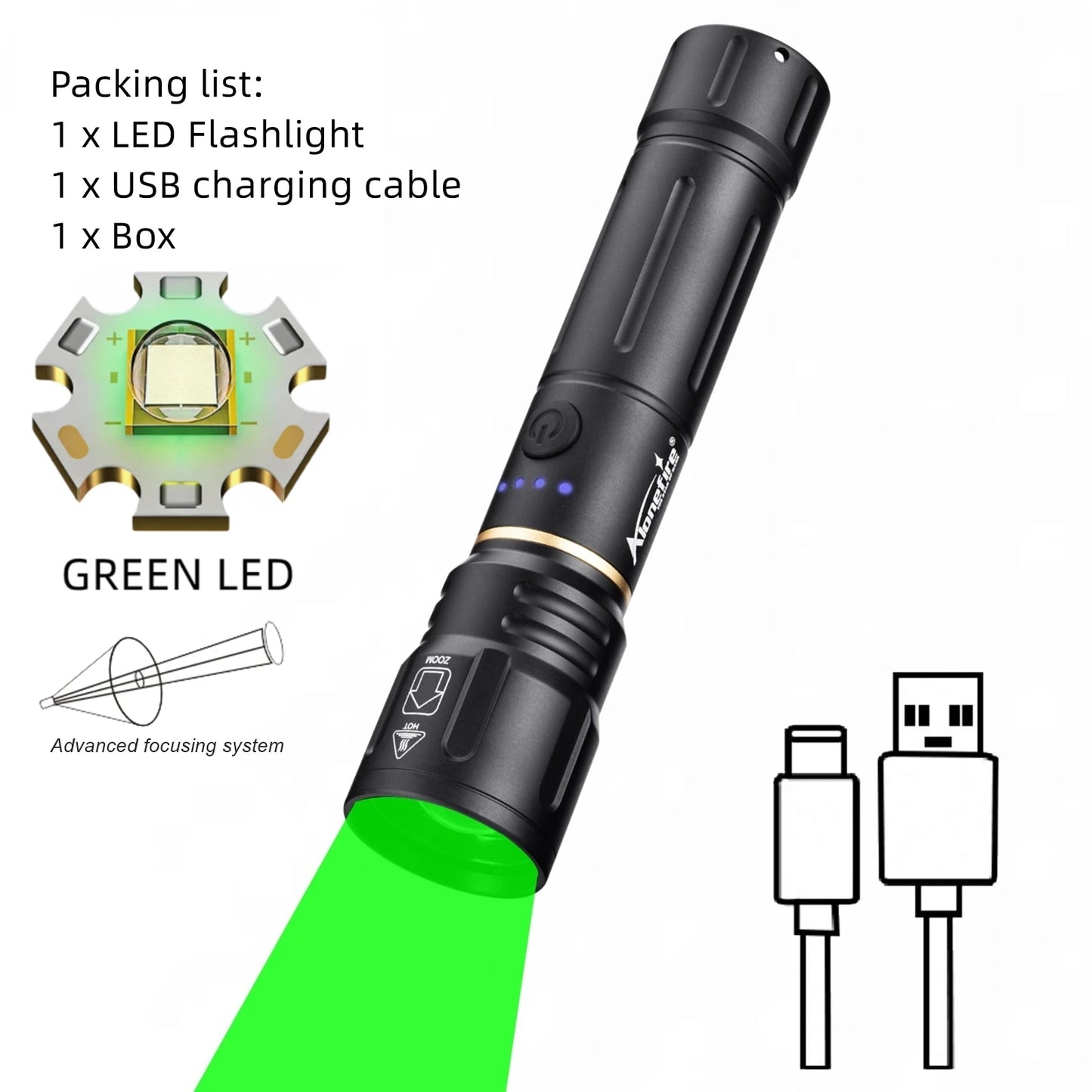 Zoom Green Light Rechargeable LED Flashlight