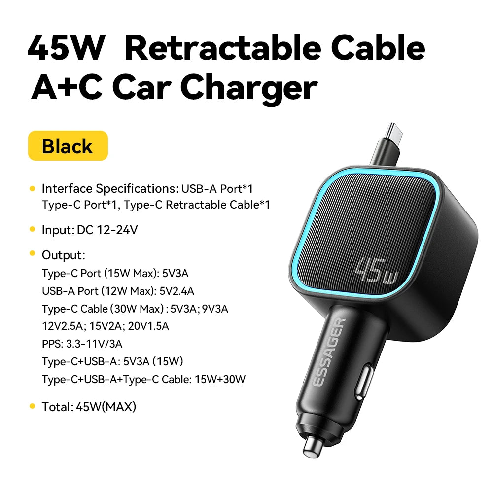 45W Car Charger with 75CM Retractable Cable PD Fast Charging USB C & USB A 3 Port Adapter