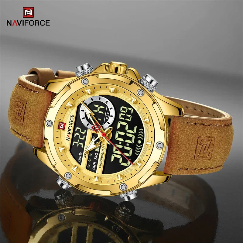 Men Casual Sports Chronograph Alarm Quartz Wrist Watch Leather Waterproof Clock