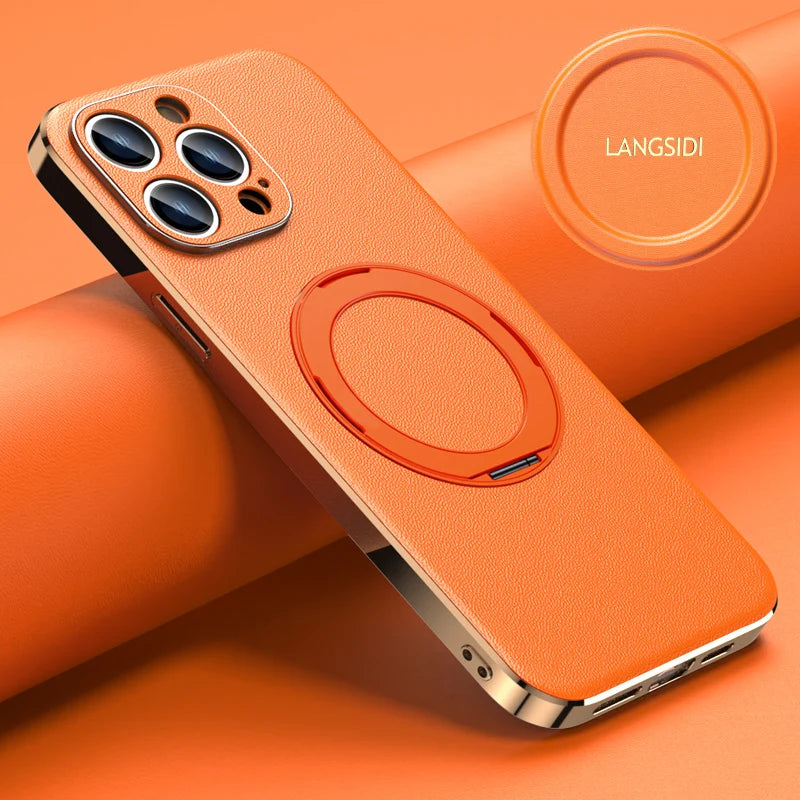 Leather for Magsafe Case for iPhone 16 15 14 Pro Max 16Pro Ring Luxury Lens Protection Holder Phone Back Cover