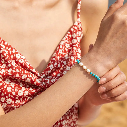 Blue Turquoise Bracelets Handmade Natural Stone with Gold Plated Beaded Bracelet