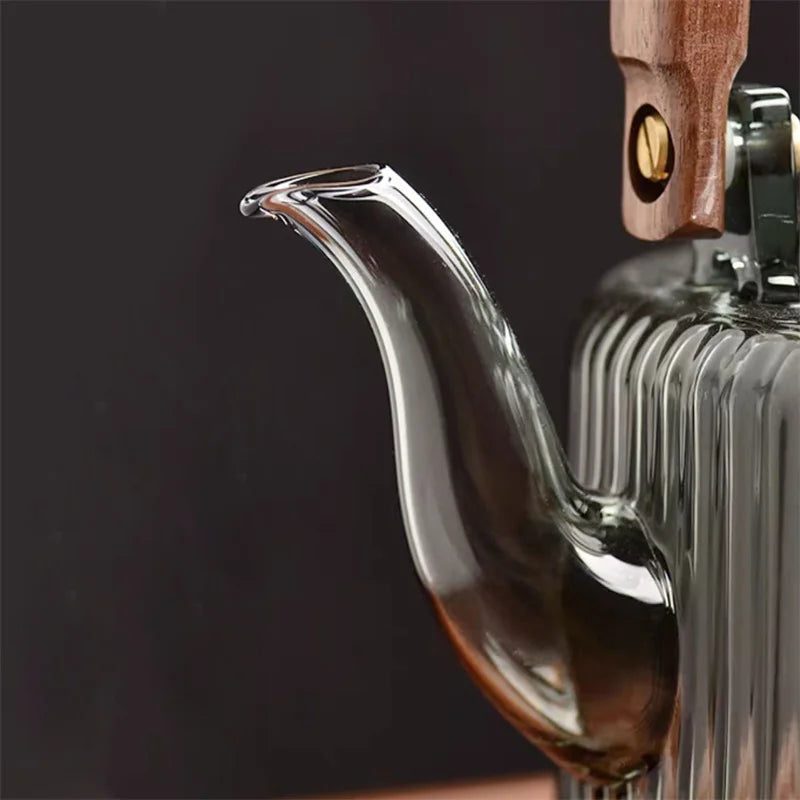 Large Capacity 1200ml Vertical Stripe Pattern Glass Tea Pot Kungfu Tea Set Wooden Beam Tea Kettle Brewing Puer Teapot Teaware