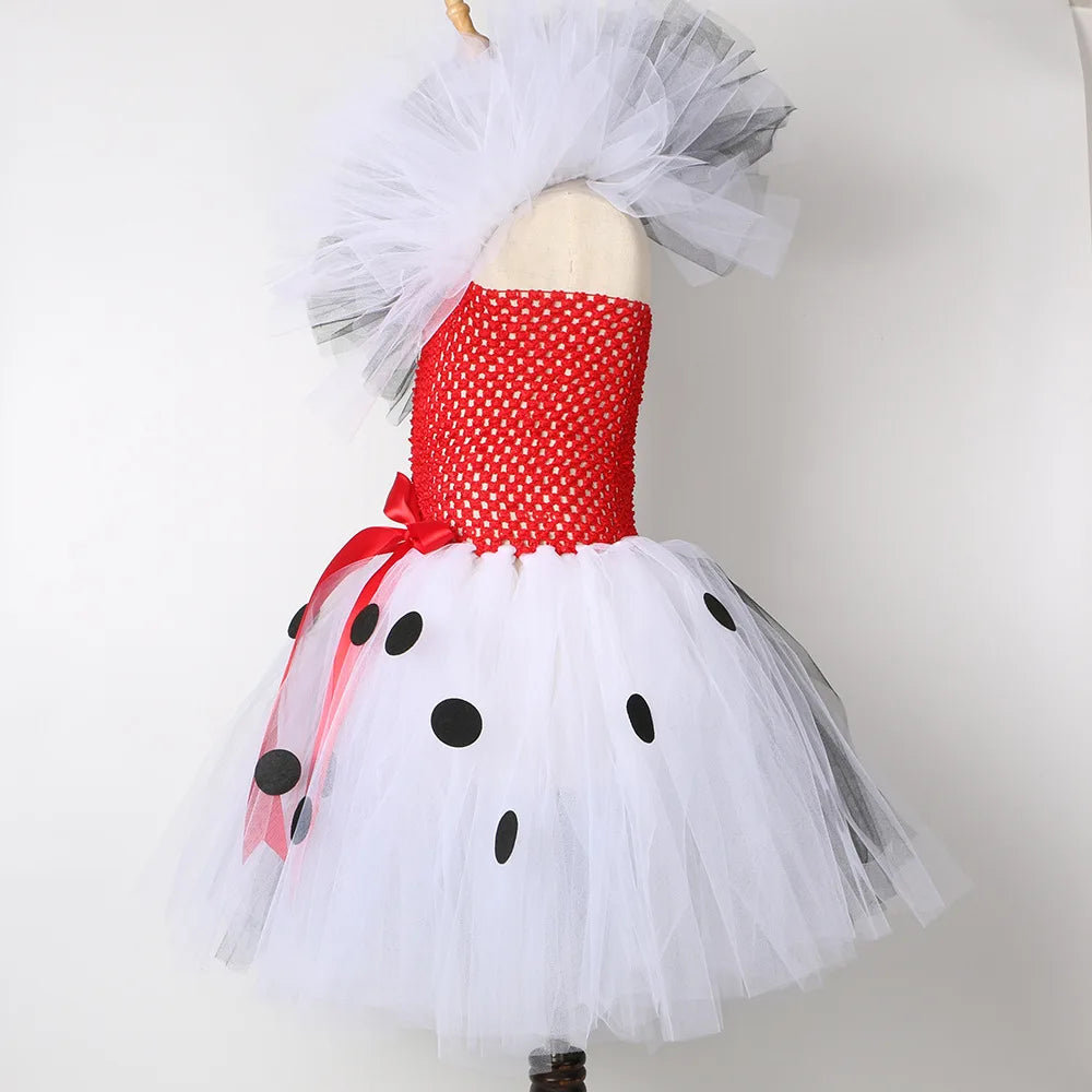 Girls Halloween Cruella Cosplay Costumes Girls Party Tutu Dress Black And White Tulle Frocks Kids Evil Role Playing Outfits