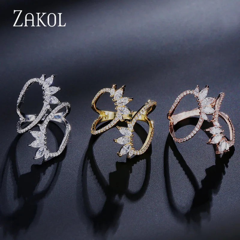 Cute Style White Color CZ Zirconia Leaf Open Rings Geometric Adjustable Ring