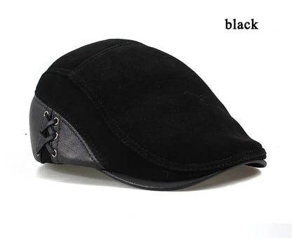 European Style Genuine Leather Caps Beret Man Casual Sheepskin Suede Fitted Duckbill Hats Male