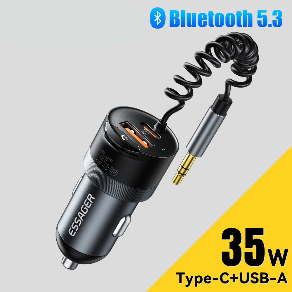 Bluetooth 5.3 Car Charger AUX Adapter PD 35W QC 30W Fast Charging USB C + USB with 3.5mm Audio
