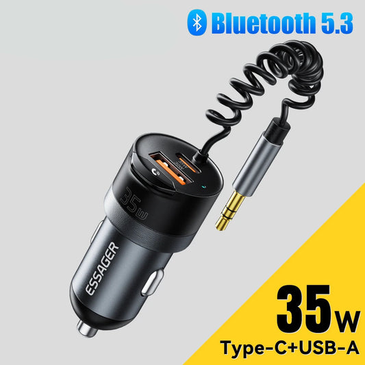 Bluetooth 5.3 Car Charger AUX Adapter PD 35W QC 30W Fast Charging USB C + USB with 3.5mm Audio