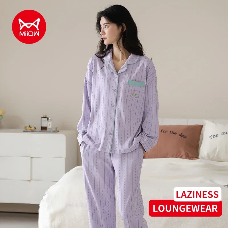 Women’s Winter 100% Cotton Pajama Set – Loose Fit, Turn-Down Collar, Long Sleeves, Cute Pink
