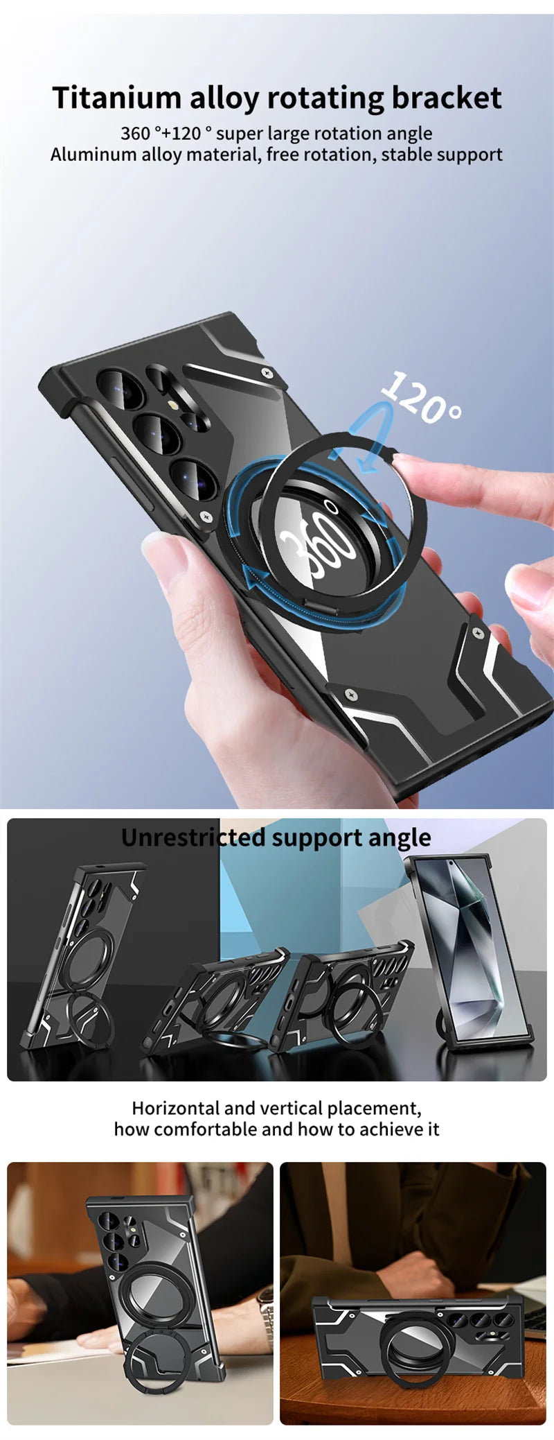 Luxury Metal 360 ° frameless Phone Case For Samsung S 24 23 Ultra Transparent Rotating Bracket Anti Drop Airbag Phone Case