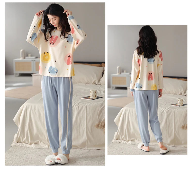 Women’s Cute Lazy Style Cotton Pajama Set – Soft, Loose Long Sleeves & Pants