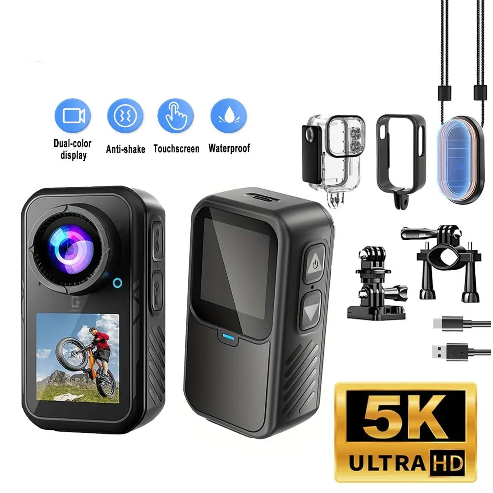 5K Thumb Action Camera 4K 60FPS Waterproof Magnetic Sports Body Cam with 6-Axis Stabilization WiFi Touch Screen