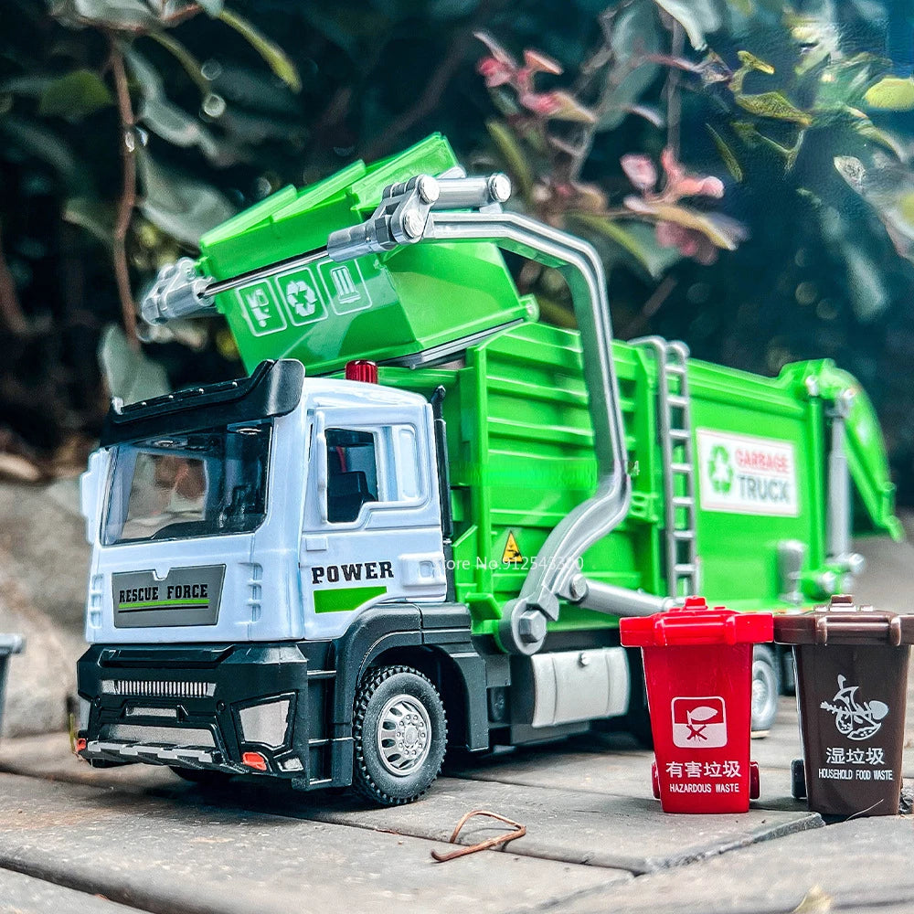 1/32 Alloy Urban Garbage Recycling Car Model Toys With Sound Light Rear Wheel Pull Back Function Sanitation Engineering Vehicles