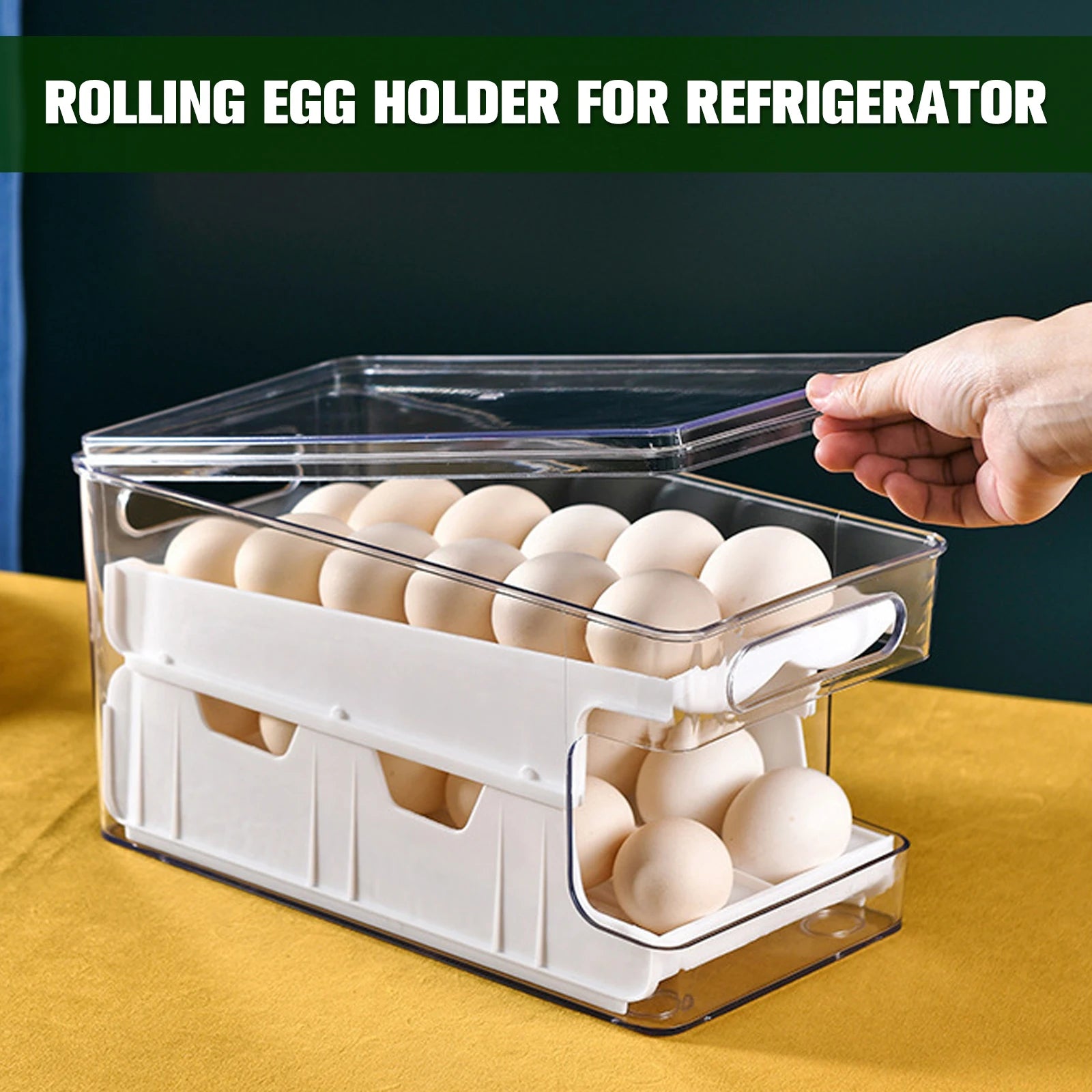 2-Layer 24-Egg Storage Container – Automatic Rolling Egg Holder Space-Saving Refrigerator Organizer