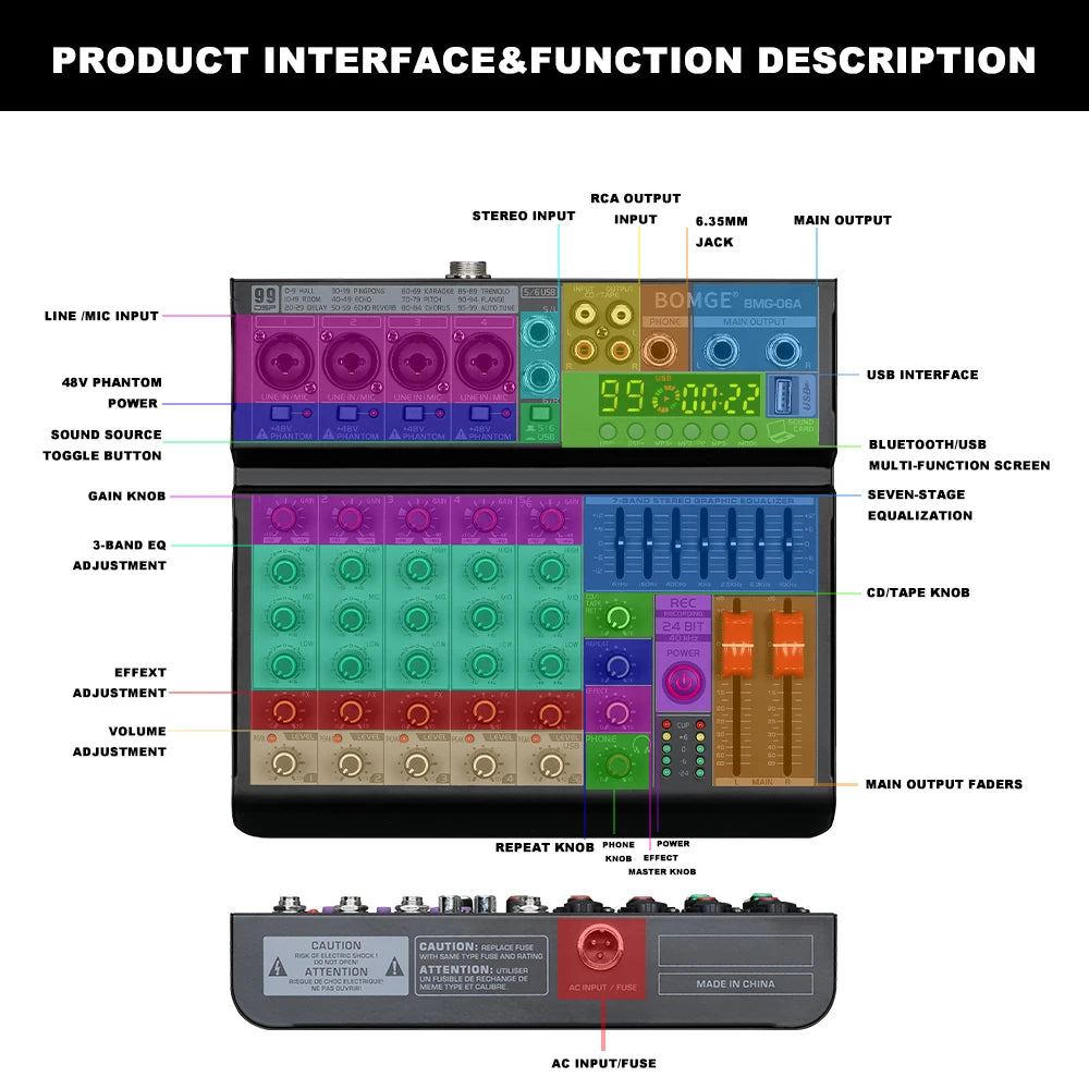 6 Channel Audio Mixing Console with 99 Effects 7 Band EQ USB Recording and Bluetooth