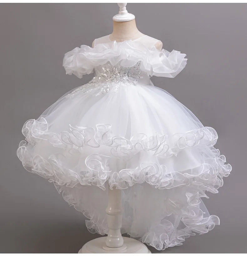 Luxury Off-Shoulder Girls' Dress - Convertible Tulle Ball Gown for Birthday Parties & On-Stage Events