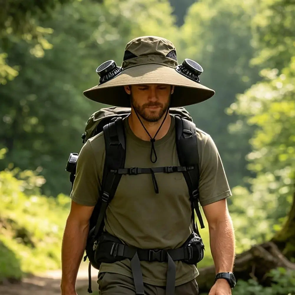 Wide Brim Sun Hat With Dual Fans Solar And USB Charging