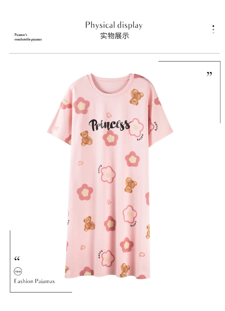 Women’s Cotton Nightgown – Korean Style Cute Print, Summer Short Sleeve Sleepwear Dress