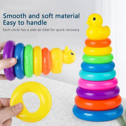 Children's Little Yellow Duck Rainbow Tower Stacking Circle Baby Early Childhood Education Puzzle Ring Montessoris Toy Kids