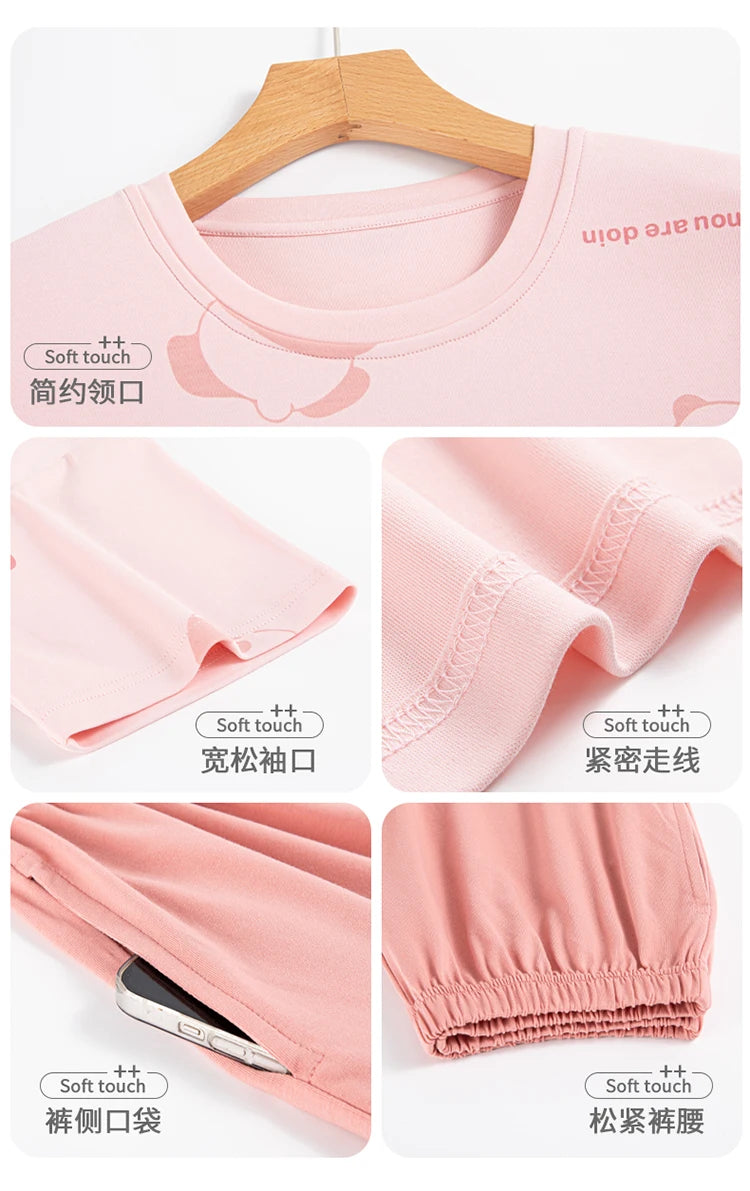 2-Pcs Women’s Summer Cotton Pajama Set – Breathable Short Sleeve Sleepwear with Cute Prints