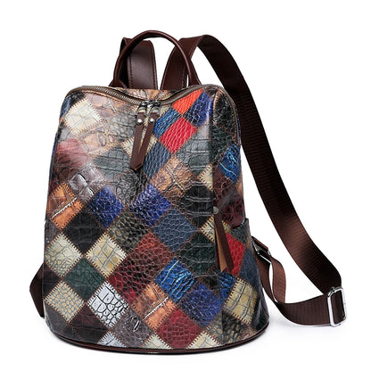 Patchwork Leather Backpacks Large Capacity Travel School Bag Retro Shoulder Bag Bagpack