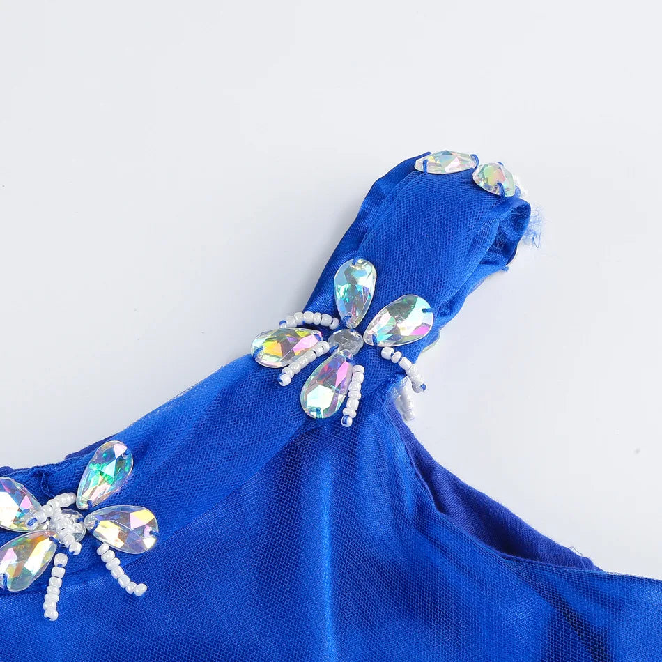 Christmas Halloween Blue Ball Gown - Girls Pearl-Embellished Tulle Dress with Lace Sleeves Princess Birthday Party Dress for Kid
