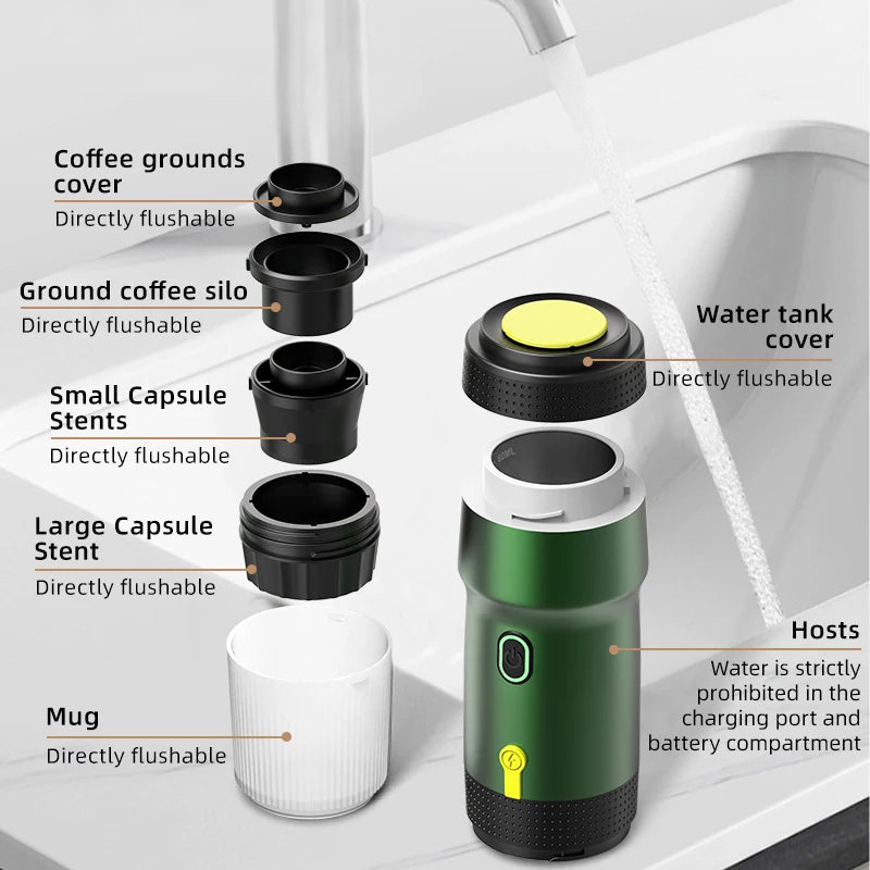 Foombthe Electric Portable Coffee Machine Italian Espresso Machine for Car & Home 3-in-1 Capsule Powder Travel Coffee Maker