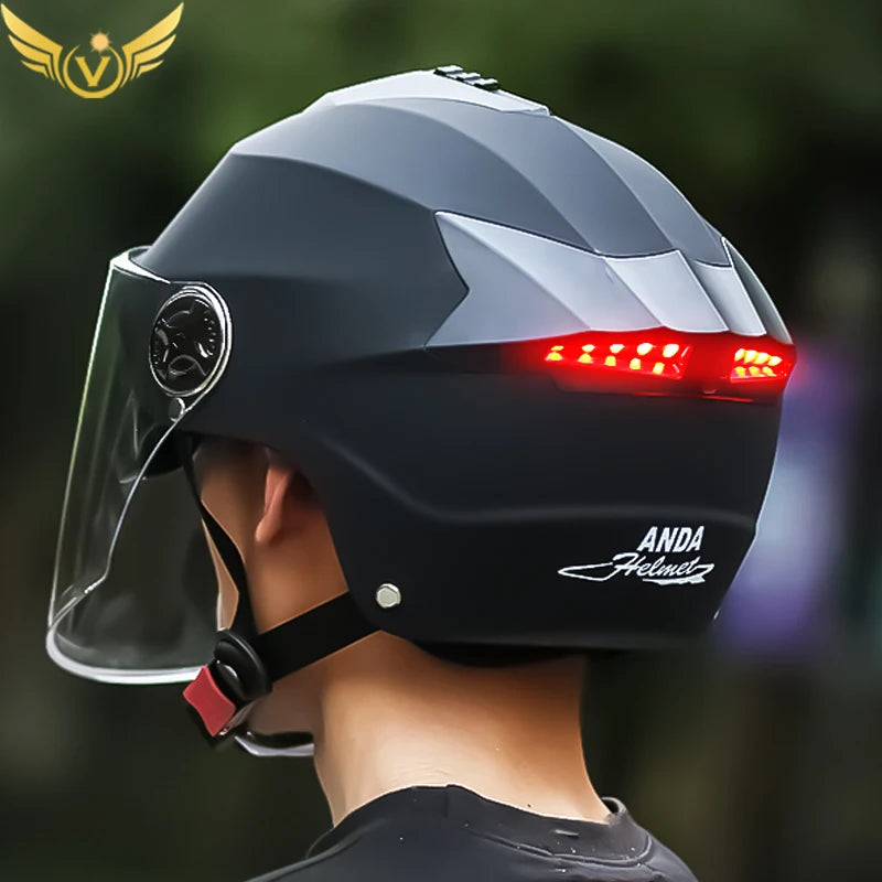 LED Motorcycle Half Helmet with Dual Visor Rechargeable Light
