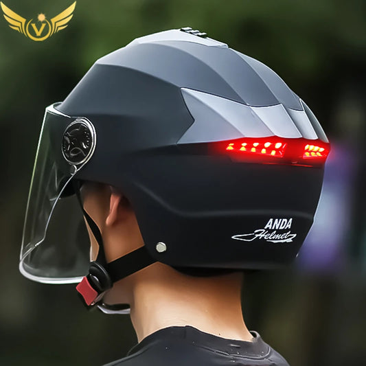 LED Motorcycle Half Helmet with Dual Visor Rechargeable Light