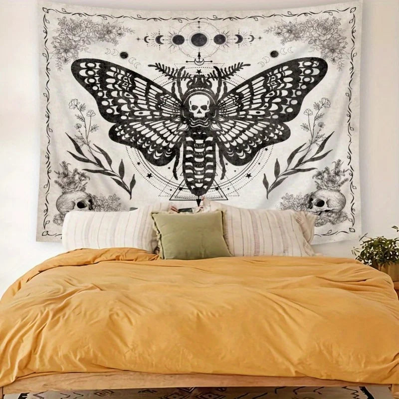 Dark Night Skull Butterfly Moon Phase Tapestry Gothic Style Bedroom Dark Theme Room Decor