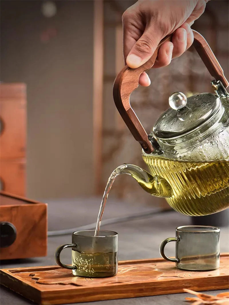 Large Capacity 1200ml Vertical Stripe Pattern Glass Tea Pot Kungfu Tea Set Wooden Beam Tea Kettle Brewing Puer Teapot Teaware