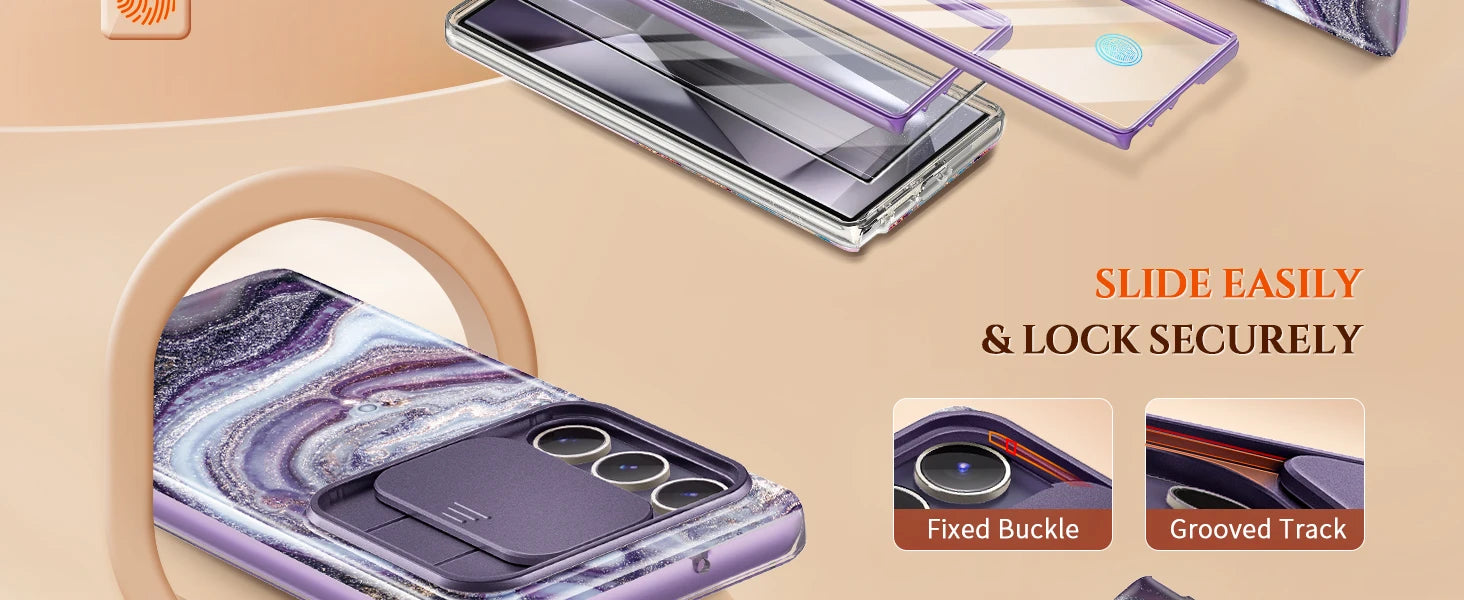 For Samsung Galaxy S24 Ultra Case with 2 Front Frames Slide Camera Lens Protection Heavy Duty Shockproof Marble Phone Case Cover