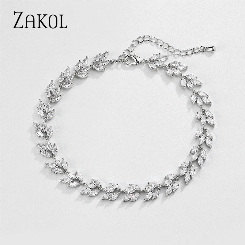 Classic Leaf Shape Cubic Zirconia Chain & Link Bracelets Luxury  CZ Shiny Stone Bracelet