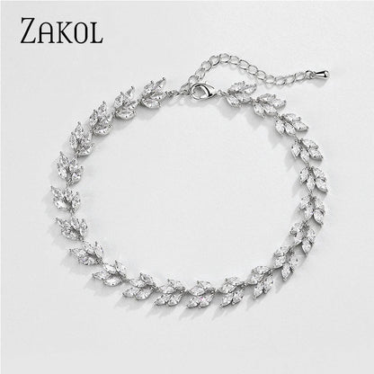 Classic Leaf Shape Cubic Zirconia Chain & Link Bracelets Luxury  CZ Shiny Stone Bracelet