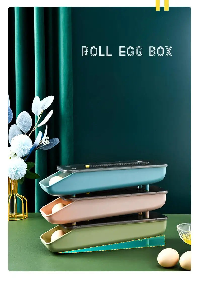Automatic Rolling Egg Storage Box – Plastic Refrigerator Egg Holder Tray Kitchen Storage Container