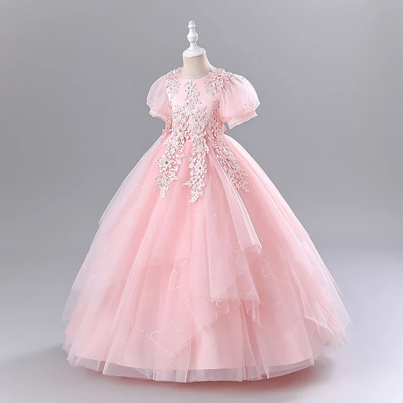Girls Princess Ball Gown - Fluffy Tulle Party Dress for Flower Girl/Birthday/Pageant | Sparkly Puffy Sleeve Wedding Dress