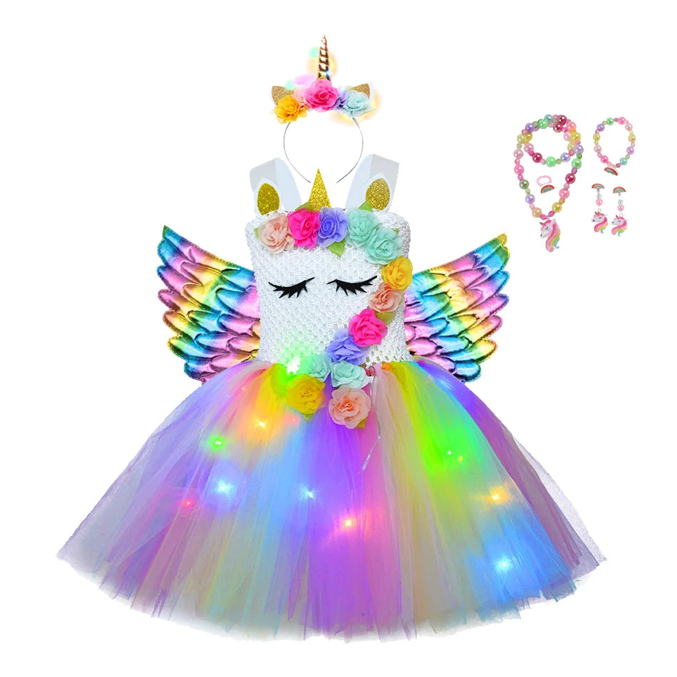 Girl Unicorn Dresses for Girls Tutu Princess Party Dresses with LED Lights Flower Birthday Party Cosplay Costume Girls Clothing