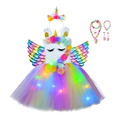 Girl Unicorn Dresses for Girls Tutu Princess Party Dresses with LED Lights Flower Birthday Party Cosplay Costume Girls Clothing